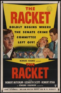 5p0599 RACKET linen 1sh 1951 Robert Ryan grabs sexy Lizabeth Scott, Robert Mitchum, Howard Hughes