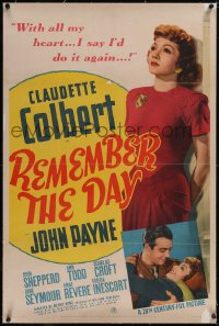 5p0602 REMEMBER THE DAY linen 1sh 1941 full-length pretty Claudette Colbert & held by John Payne!