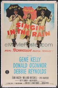 5p0764 SINGIN' IN THE RAIN linen 27x41 REPRO poster 1980s art of Gene Kelly, O'Connor & Reynolds!