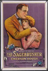 5p0609 SAGEBRUSHER linen 1sh 1920 romantic art of Roy Stewart & Marguerite De La Motte, very rare!
