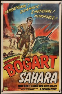 5p0154 SAHARA style B 1sh 1943 art of Humphrey Bogart running with gun by tank in WWII, ultra rare!