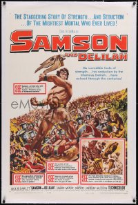 5p0610 SAMSON & DELILAH linen 1sh R1959 art of Victor Mature, Cecil B. DeMille Biblical classic!