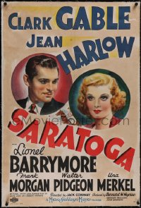 5p0721 SARATOGA linen style C 1sh 1937 art of Clark Gable & beautiful Jean Harlow, ultra rare!
