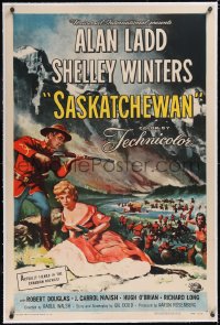 5p0611 SASKATCHEWAN linen 1sh 1954 great art of Mountie Alan Ladd & sexy Shelley Winters in Canada!