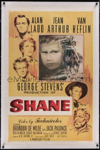 5p0616 SHANE linen 1sh 1953 classic western, Alan Ladd, Jean Arthur, Van Heflin, Brandon De Wilde