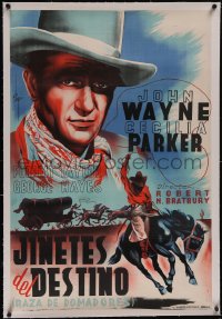 5p0799 RIDERS OF DESTINY linen Spanish 1933 different Chapi art of John Wayne close up & on horse!