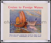 5p1262 CRUISES TO FOREIGN WATERS linen 14x17 recruitment poster 1935 enlist in the Navy, Burbank art!