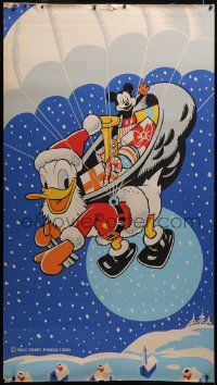 5p0263 DONALD DUCK 40x72 special poster 1940s art of him as parachuting Santa w/Mickey Mouse, rare!