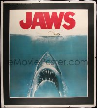 5p0358 JAWS linen int'l 7-sheet poster 1975 Steven Spielberg, gigantic c/u art of shark under girl!