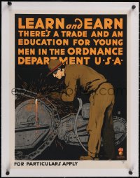 5p0851 LEARN & EARN linen 19x25 recruitment poster 1919 Charles Buckles Falls art, tank repair, rare!