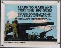 5p0852 LEARN TO MAKE & TEST THE BIG GUNS linen 19x25 recruitment poster 1919 Charles Falls art, rare!