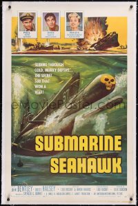 5p0630 SUBMARINE SEAHAWK linen 1sh 1959 cool art of skull head torpedo in World War II, AIP!