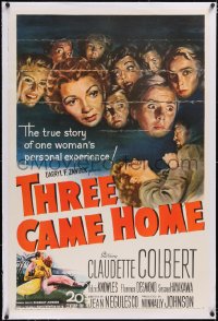 5p0645 THREE CAME HOME linen 1sh 1949 art of Claudette Colbert & women alone in WWII prison camp!