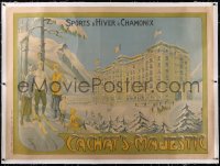 5p0350 CACHAT'S MAJESTIC linen 47x63 French travel poster 1910s de Faria art of skiers in winter!