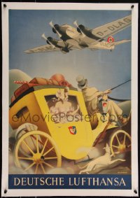 5p0897 DEUTSCHE LUFTHANSA linen 18x27 German travel poster 1936 Ullmann art of plane w/swastika, rare!
