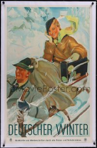 5p0898 DEUTSCHER WINTER linen 25x40 German travel poster 1930s Heiligenstaedt sledding art, rare!
