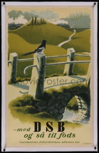5p0899 DSB linen 25x39 Danish travel poster 1954 Danske Statsbaner, Rasmussen art of bird on fence!