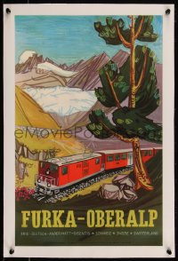 5p0904 FURKA-OBERALP linen 13x20 Swiss travel poster 1959 H. Schol art of train on mountains, rare!