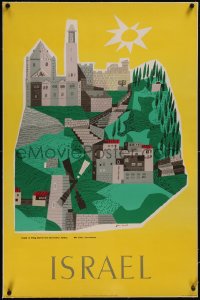 5p0908 ISRAEL linen 25x38 Israeli travel poster 1950s David art of Mt. Zion & landmarks in Jerusalem!