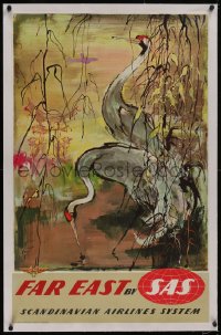 5p0914 SAS FAR EAST linen 25x39 Danish travel poster 1950s great Otto Nielson art of cranes!
