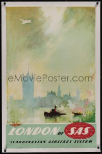 5p0916 SAS LONDON linen 25x39 Danish travel poster 1955 Otto Nielsen art of airplane over landmarks!
