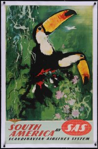 5p0917 SAS SOUTH AMERICA linen 25x39 Danish travel poster 1950s art of toucans by Otto Nielsen!