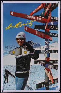 5p0918 ST. MORITZ linen 26x40 Swiss travel poster 1970 female skier by sign by Hans Nater, rare!
