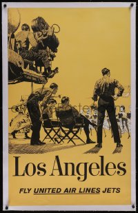 5p0920 UNITED AIRLINES LOS ANGELES linen 25x40 travel poster 1960s cool art of film crew, ultra rare!