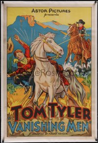 5p0657 VANISHING MEN linen 1sh R1930s art of sheriff Tom Tyler on horseback lassoing bad guy, rare!