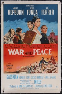 5p0660 WAR & PEACE linen 1sh 1956 art of Audrey Hepburn, Henry Fonda & Mel Ferrer, Leo Tolstoy epic!
