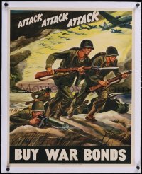 5p0985 ATTACK ATTACK ATTACK linen 22x28 WWII war poster 1942 cool Warren art of soldiers advancing!