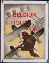5p0986 BELGIUM FIGHTS ON linen 19x25 WWII war poster 1940s Sturbelle art of execution plane & , rare!
