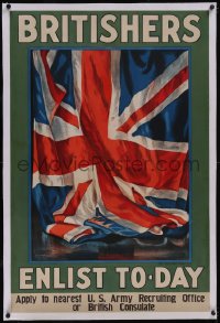 5p0988 BRITISHERS ENLIST TO-DAY linen 27x41 WWI war poster 1917 Guy Lipscombe flag art, very rare!