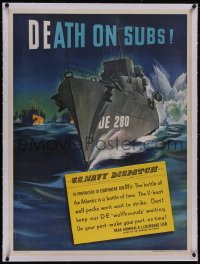 5p0990 DEATH ON SUBS linen 30x41 WWII war poster 1940s Jon Whitcomb art of Navy ships, ultra rare!