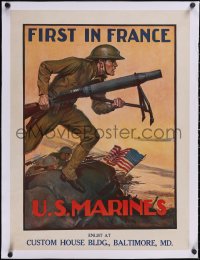 5p0995 FIRST IN FRANCE linen 21x28 WWI war poster 1917 John A. Coughlin art of U.S. Marines, rare!