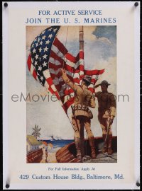 5p0998 FOR ACTIVE SERVICE JOIN THE U.S. MARINES linen 18x26 WWI war poster 1917 Reisenberg art, rare!