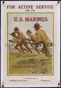 5p0999 FOR ACTIVE SERVICE JOIN THE U.S. MARINES linen 17x26 WWI war poster 1917 Moore art, very rare!