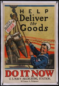 5p1003 HELP DELIVER THE GOODS linen 28x41 WWI war poster 1918 Paus art sailor with ammunition, rare!