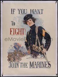 5p1006 IF YOU WANT TO FIGHT JOIN THE MARINES linen 30x41 WWI war poster 1915 Christy art of female!