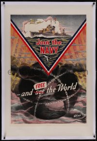 5p1009 JOIN THE NAVY & FREE THE WORLD linen 29x42 WWII war poster 1942 Privitello art, ultra rare!
