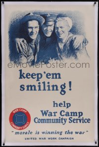 5p1012 KEEP 'EM SMILING linen 28x43 WWI war poster 1918 art of smiling personnel by Leone M. Bracker!