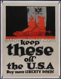5p1013 KEEP THESE OFF THE U.S.A. linen 31x41 WWI war poster 1917 Norton art of bloody German boots!