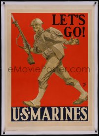 5p1015 LET'S GO US MARINES linen 29x40 WWII war poster 1941 art of soldier w/ rifle & bayonet, rare!