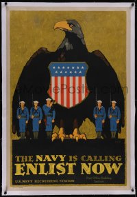 5p1022 NAVY IS CALLING ENLIST NOW linen 28x41 WWI war poster 1917 Britton art of sailors & eagle!