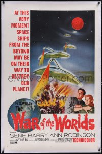 5p0661 WAR OF THE WORLDS linen 1sh R1965 H.G. Wells & George Pal, wonderful different warship art!