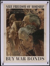 5p1031 SAVE FREEDOM OF WORSHIP linen 20x28 WWII war poster 1943 Norman Rockwell Four Freedoms art!