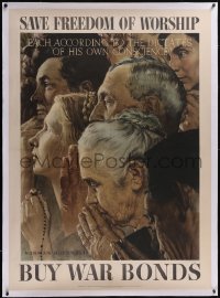 5p0369 SAVE FREEDOM OF WORSHIP linen 41x56 WWII war poster 1943 Norman Rockwell Four Freedoms art!