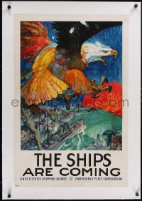5p1034 SHIPS ARE COMING linen 20x30 WWI war poster 1917 art of bald eagle by James Daugherty, rare!