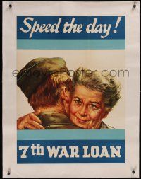 5p1036 SPEED THE DAY linen 23x32 WWII war poster 1945 art of mother hugging her soldier son, rare!