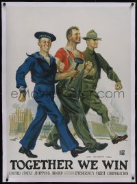 5p1042 TOGETHER WE WIN linen 29x40 WWI war poster 1917 Flagg art of worker w/ sailor & Marine, rare!